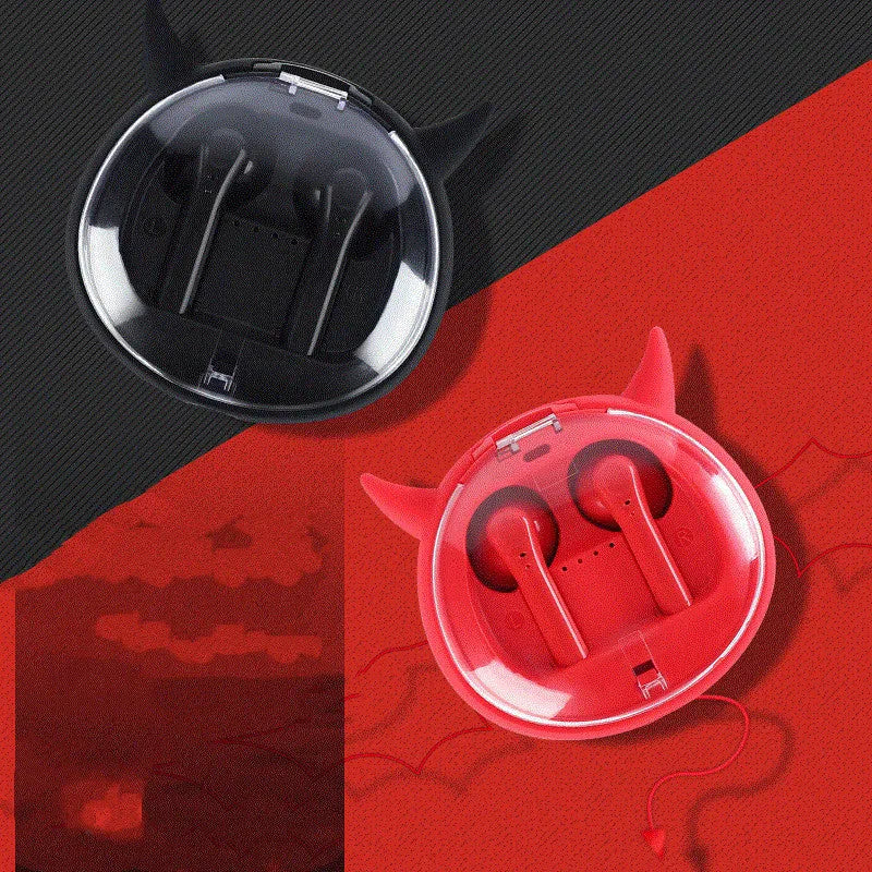 Macaron Red true wireless Bluetooth 5.0 headset with in-ear design showing battery display