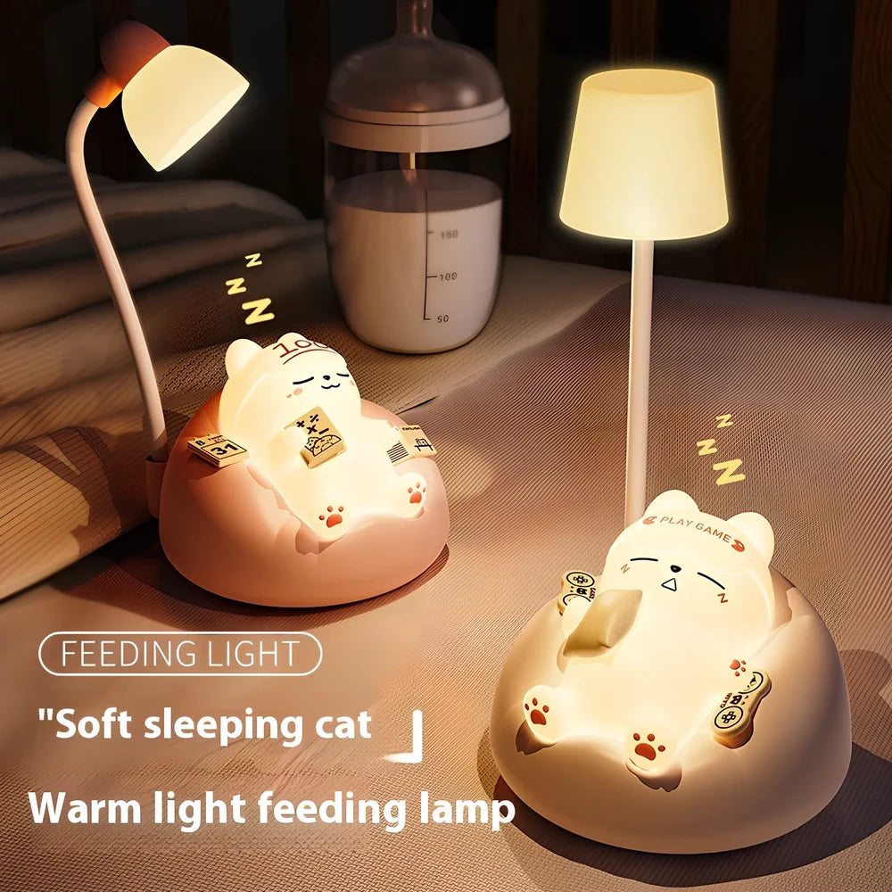 Sleeping cat shaped night lamp measuring 84x84x152mm with USB charging port and soft LED lighting
