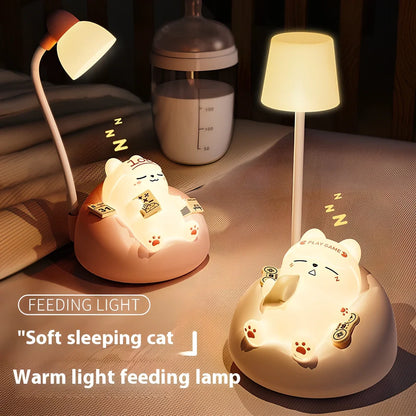 Sleeping cat shaped night lamp measuring 84x84x152mm with USB charging port and soft LED lighting