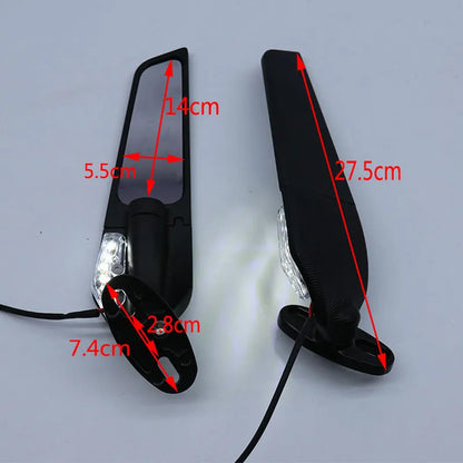 Motorcycle spoiler rearview mirror reflector with yellow light, aluminium alloy housing, and convex glass lens