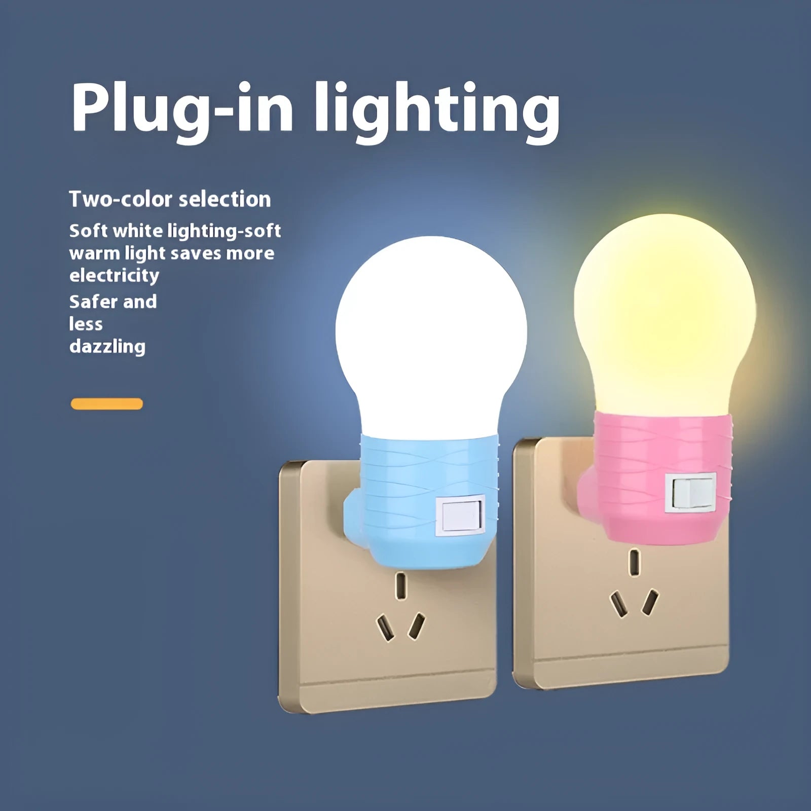 Plug-in bedside baby night light in white, blue, or pink shell with round shape.
