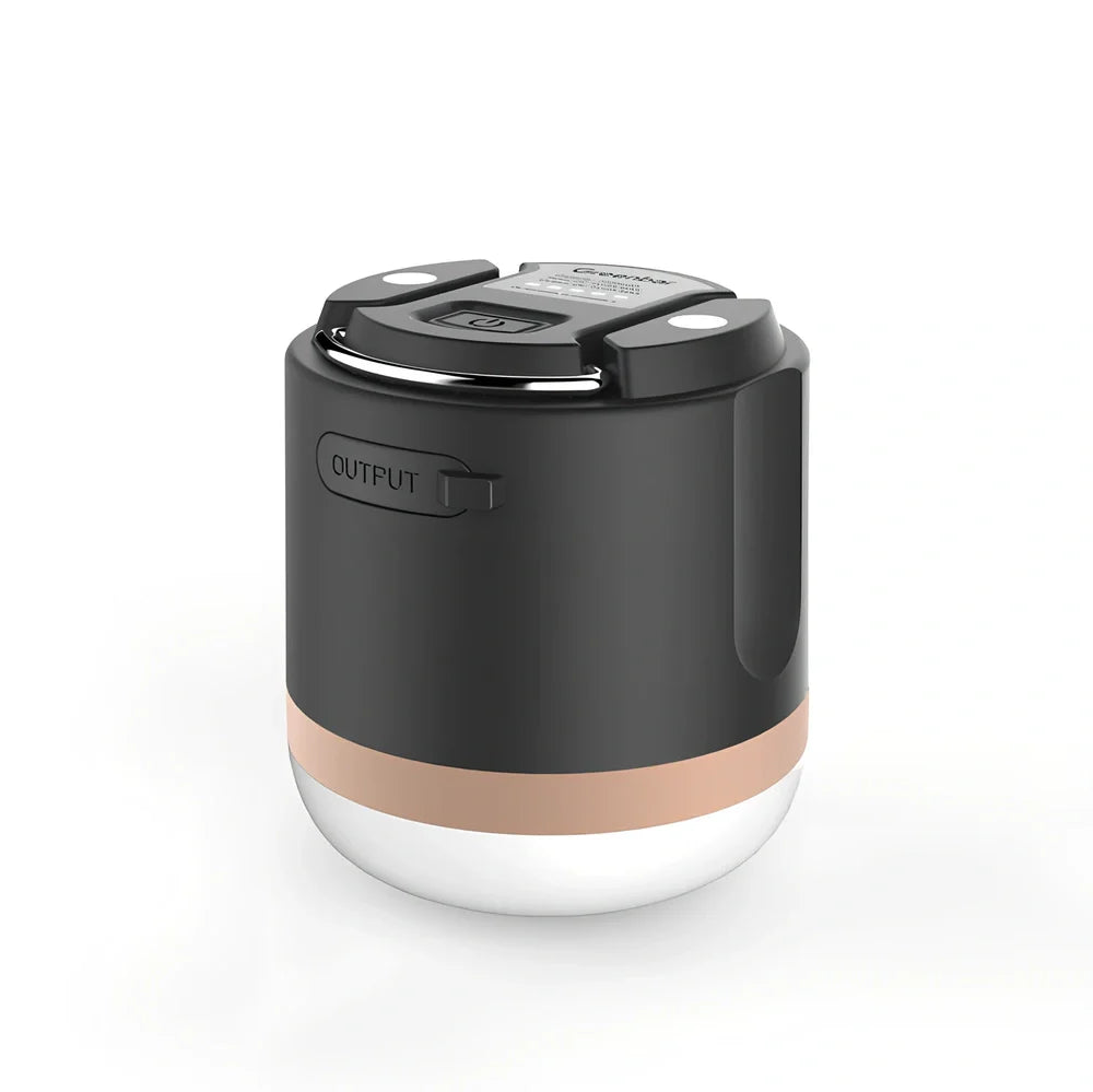 Outdoor tent camping light with 7200mAh battery in black silver colour showing compact 78x67mm dimensions