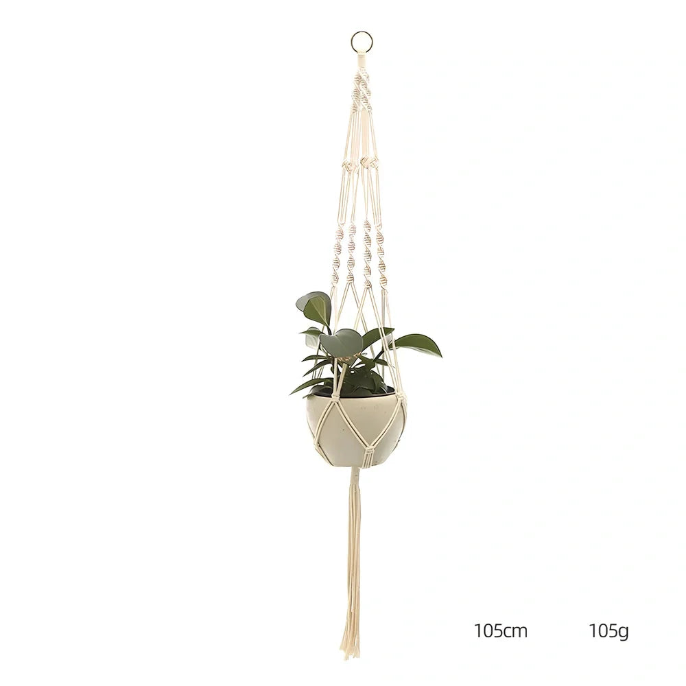 Hand-knitted cotton flowerpot net bag showing intricate pattern and hanging installation with plant
