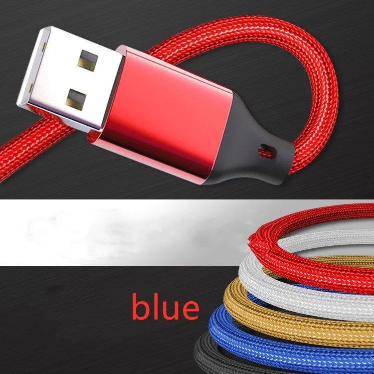 Red 3-in-1 nylon braided charging cable with three connector types on a 1.2m cord