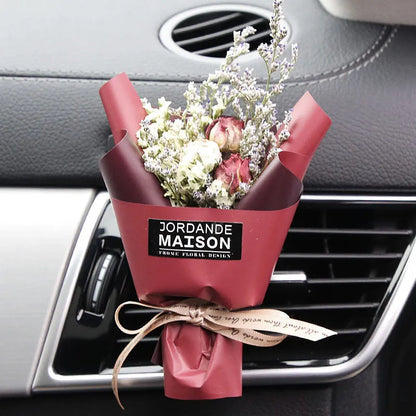 Dried flower car air freshener set with colourful bouquet and fragrance strips for air conditioning vents