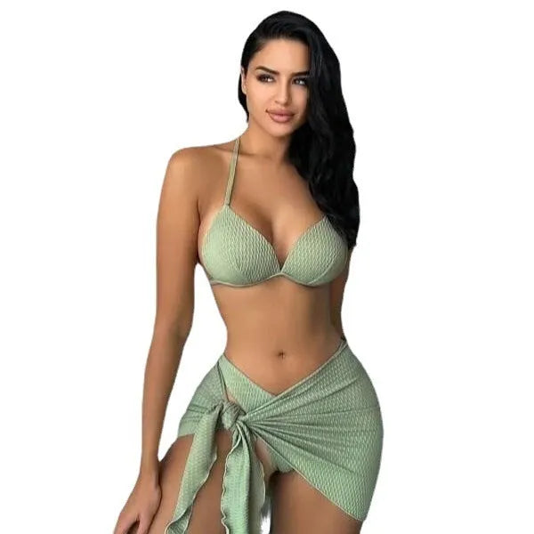 Women's black three-piece swimsuit set with Russian split design, showing top, panties, and skirt.