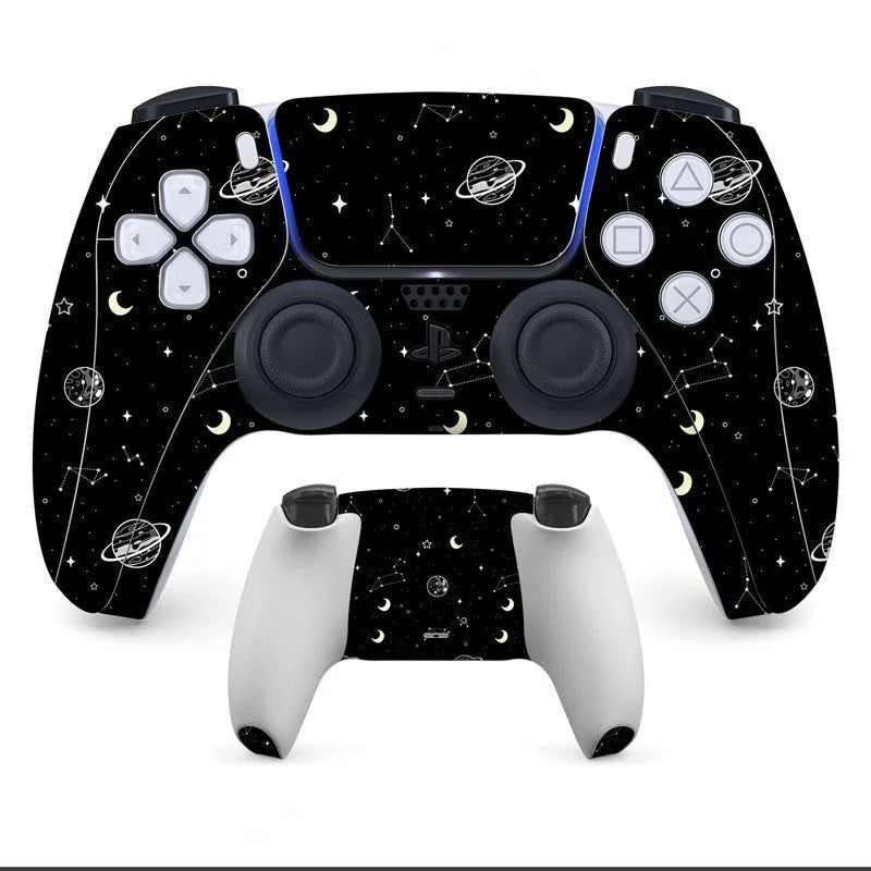 PS5 DualSense controller with a non-adhesive, patterned protective skin applied to the front and back.