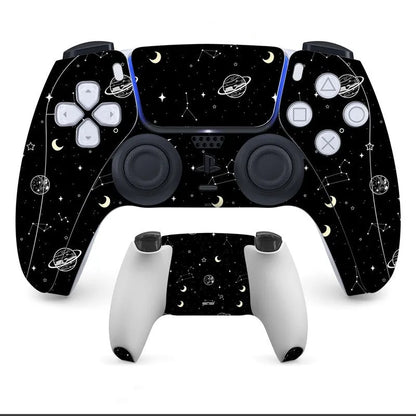 PS5 DualSense controller with a non-adhesive, patterned protective skin applied to the front and back.