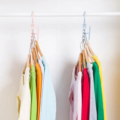 Blue revolving wardrobe hanger with five branches and a handle for multiple garment organisation.