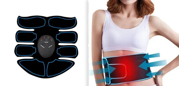 Blue-edged K81 digital abdominal muscle stimulator unit showing display, next to its charging cable.