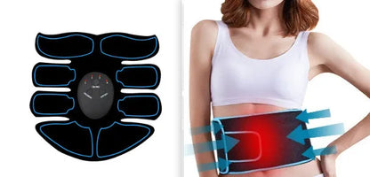 Blue-edged K81 digital abdominal muscle stimulator unit showing display, next to its charging cable.
