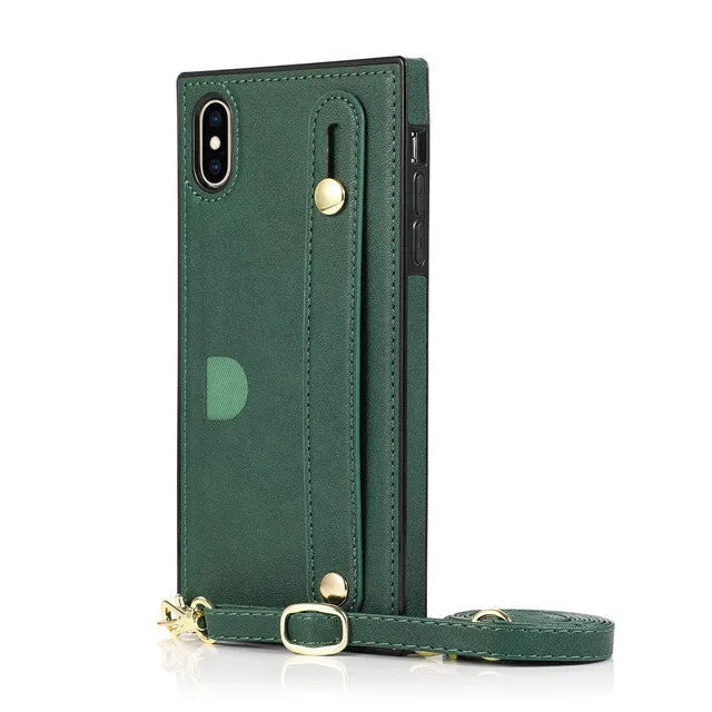 Leather phone case with card holder and wristband holster in black, fits iPhone models, anti-scratch protection