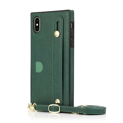 Leather phone case with card holder and wristband holster in black, fits iPhone models, anti-scratch protection