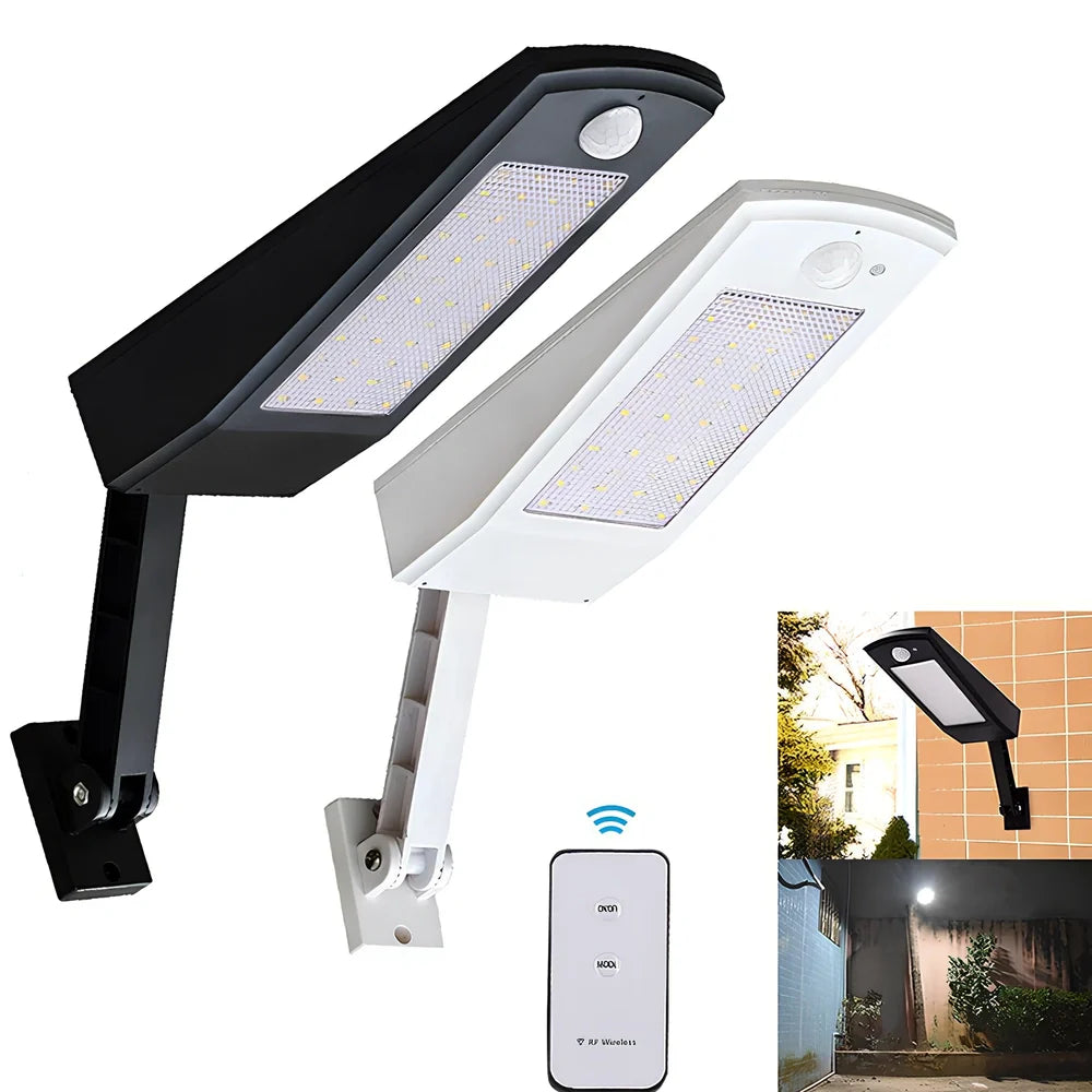 Adjustable solar light with motion sensor showing black or white colour options