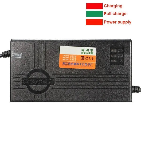 Black 72V20AH electric vehicle charger with compact dimensions and regional plug options