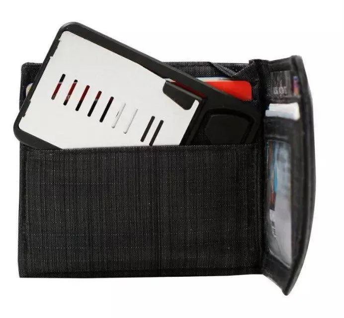 Black matte finish card phone holder with lazy bracket design on desktop