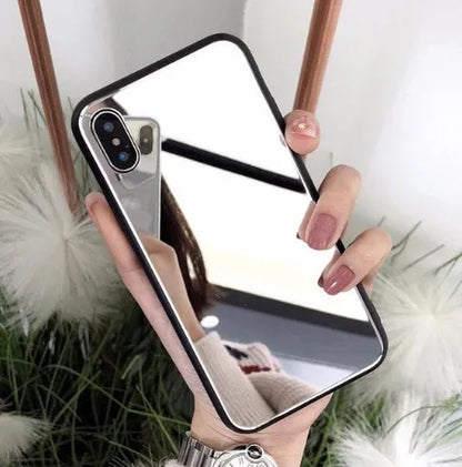 Black mirror phone case for iPhone with built-in self-timer mirror, made from TPU and PC materials