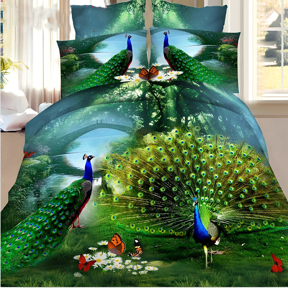 Brushed 3D floral four-piece bedding set in A Blue, showing 200x230cm quilt cover with raised pattern and matching pillowcases