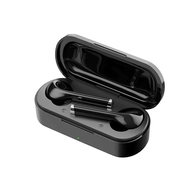 Black and white true wireless Bluetooth headphones with USB charging dock