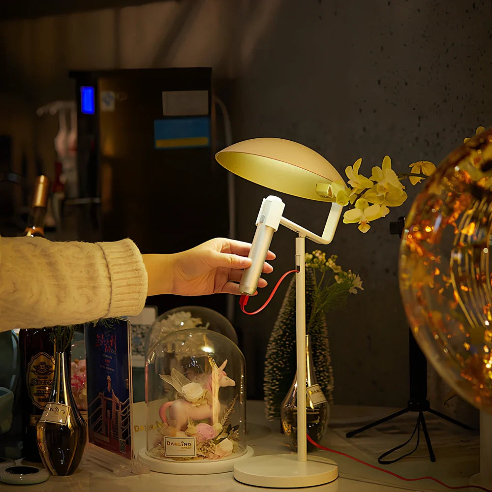 45cm grey USB LED table lamp with metal shade and push button for study room use, 5cm base
