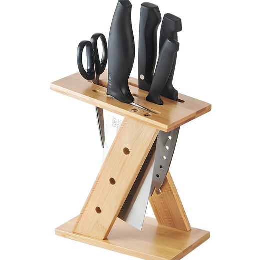 Bamboo cross kitchen knife holder, 20cm tall, stores five blades in upright slots on 15cm base