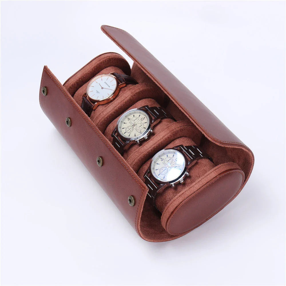 Premium leather watch storage organizer with multiple slots for securely storing and protecting watches while traveling or for business use
