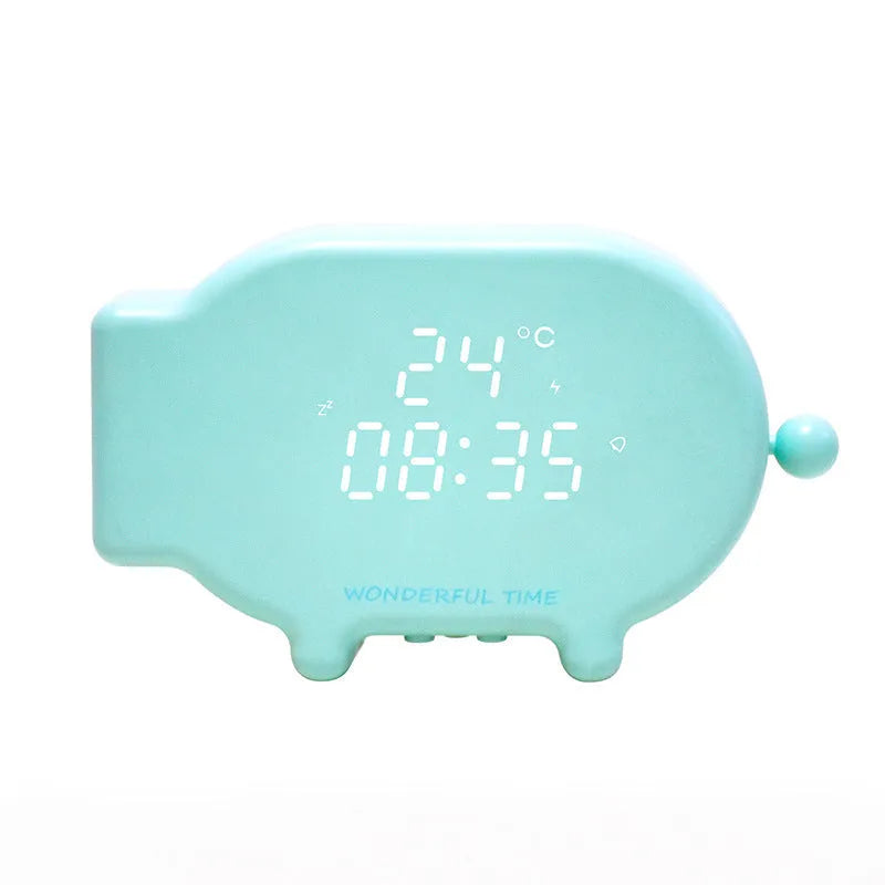 Blue LED alarm clock showing time and temperature with two USB charging ports