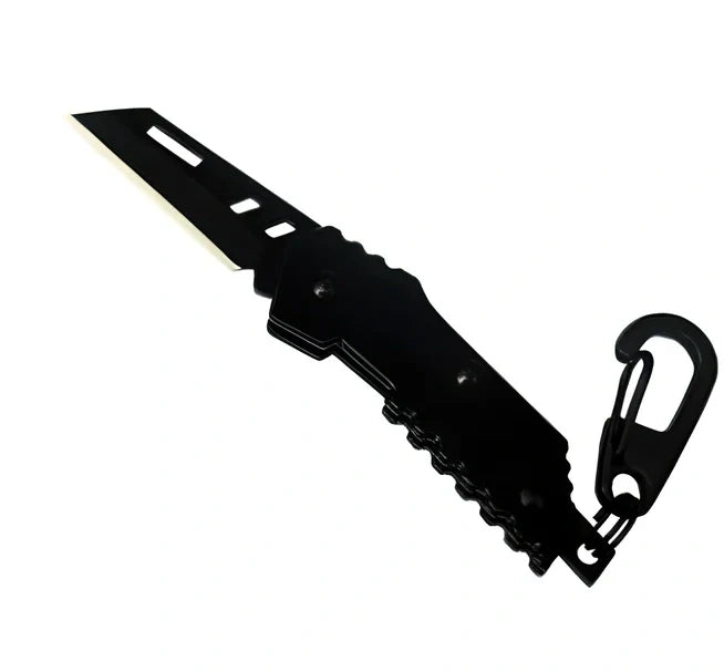 Black pocket folding knife with serrated blade, shown open at 85mm length and closed at 5mm thickness
