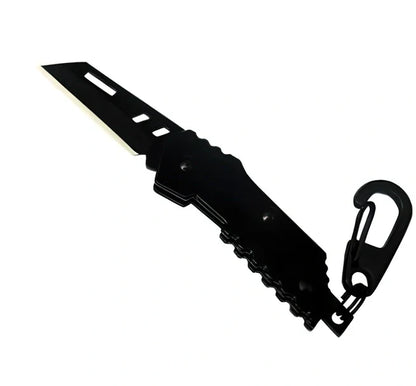 Black pocket folding knife with serrated blade, shown open at 85mm length and closed at 5mm thickness