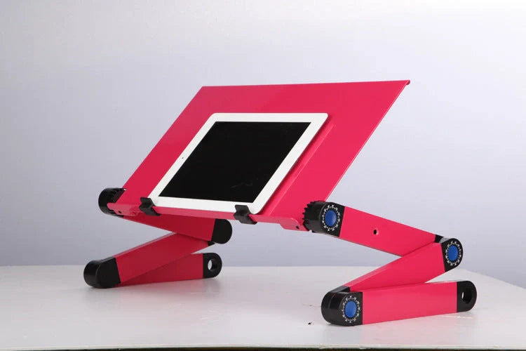 Adjustable folding laptop stand with ergonomic design and mouse pad in cool black and rose pink