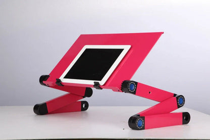 Adjustable folding laptop stand with ergonomic design and mouse pad in cool black and rose pink