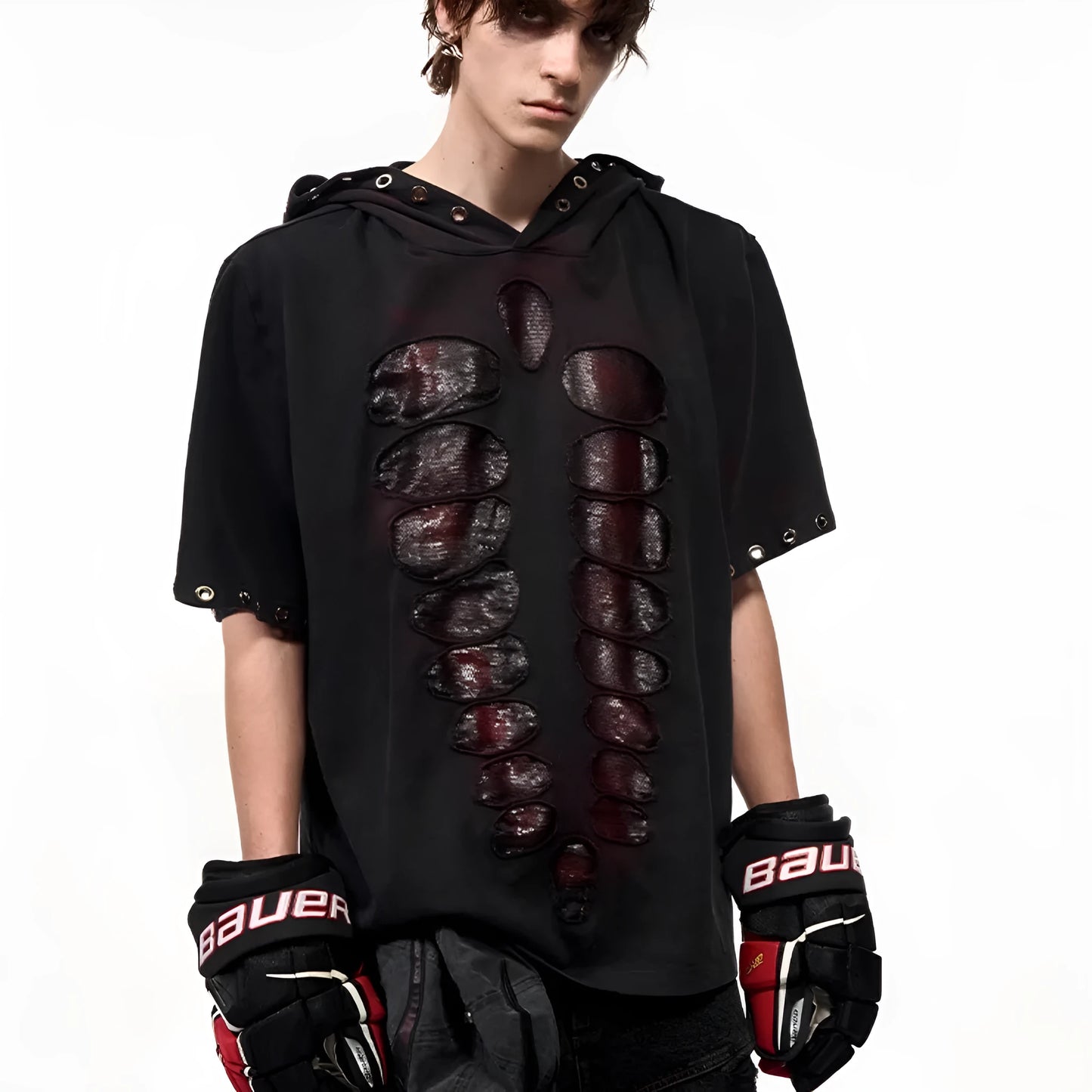 Black hooded short-sleeved men's T-shirt with sequin detailing on a loose fit.