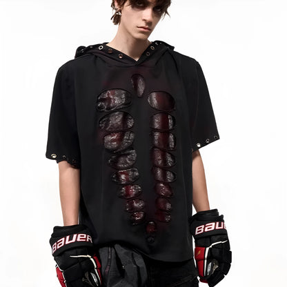 Black hooded short-sleeved men's T-shirt with sequin detailing on a loose fit.