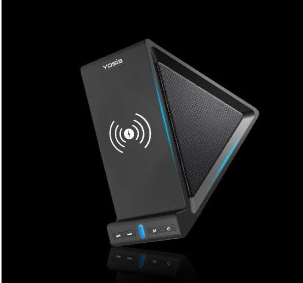 Black multifunctional device with Bluetooth speaker, phone stand, and wireless charging capabilities, dimensions 165x80x130mm