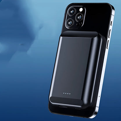 Magnetic wireless power bank in five colour options showing compact 85mm design with 5000mAh capacity