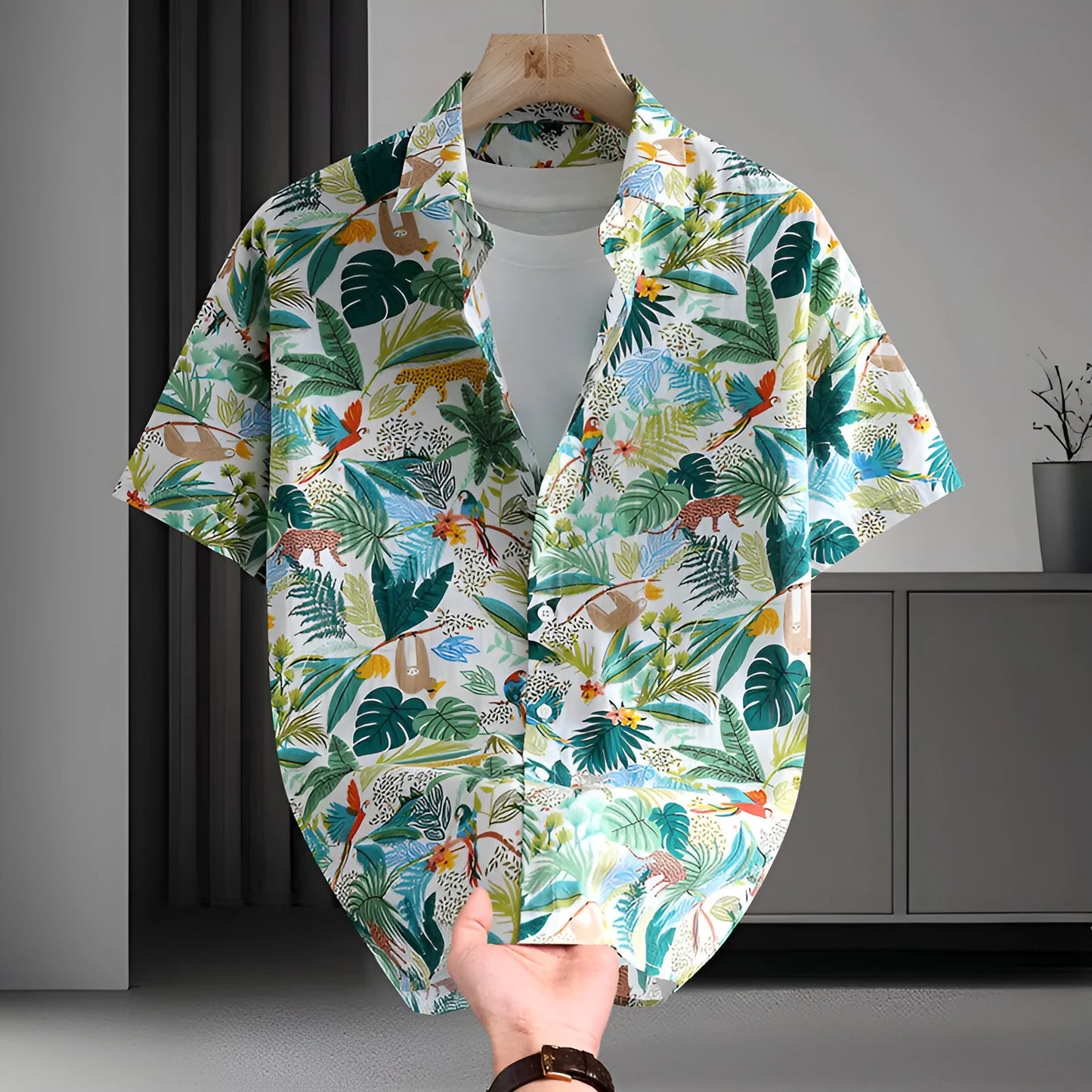 Men's Hawaiian floral print short sleeve cotton shirt in cardigan style
