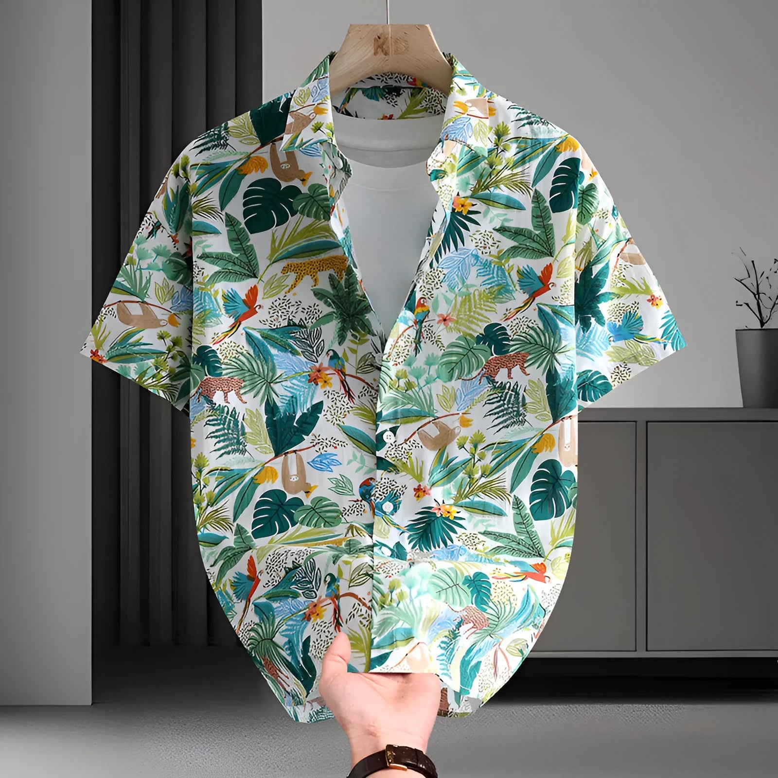 Men's Hawaiian floral print short sleeve cotton shirt in cardigan style