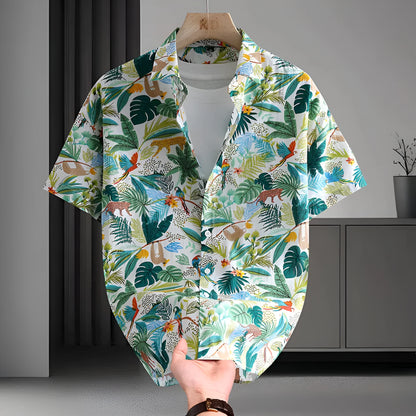 Men's Hawaiian floral print short sleeve cotton shirt in cardigan style