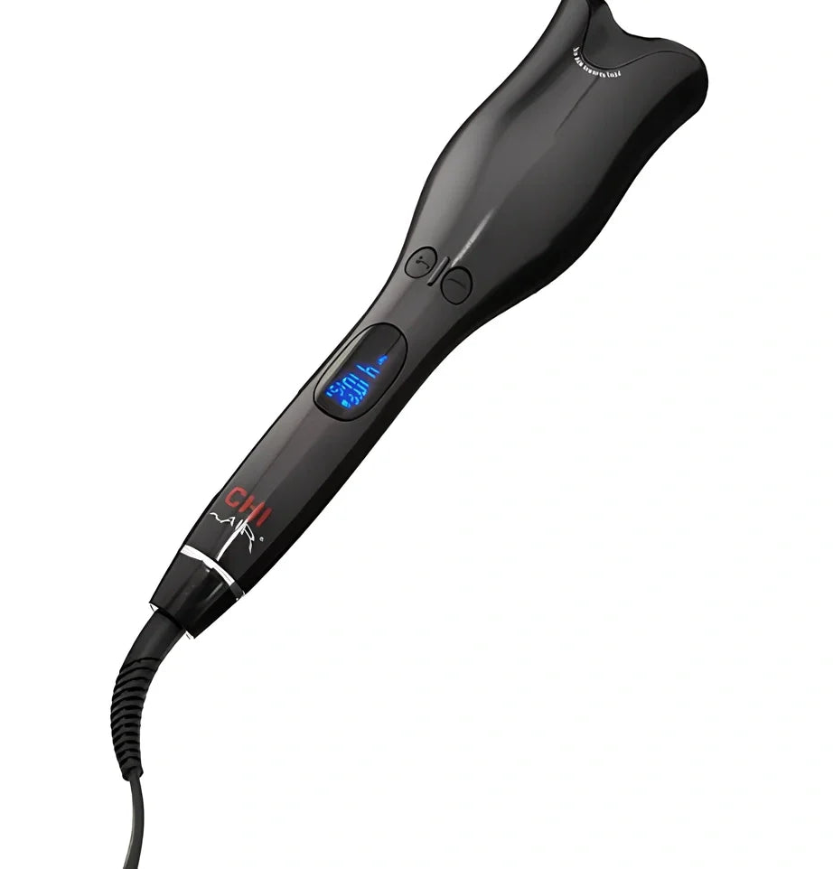 Blue automatic ceramic rotating curling iron with digital display and 2.5 cm barrel for anti-scald curls in 15 seconds
