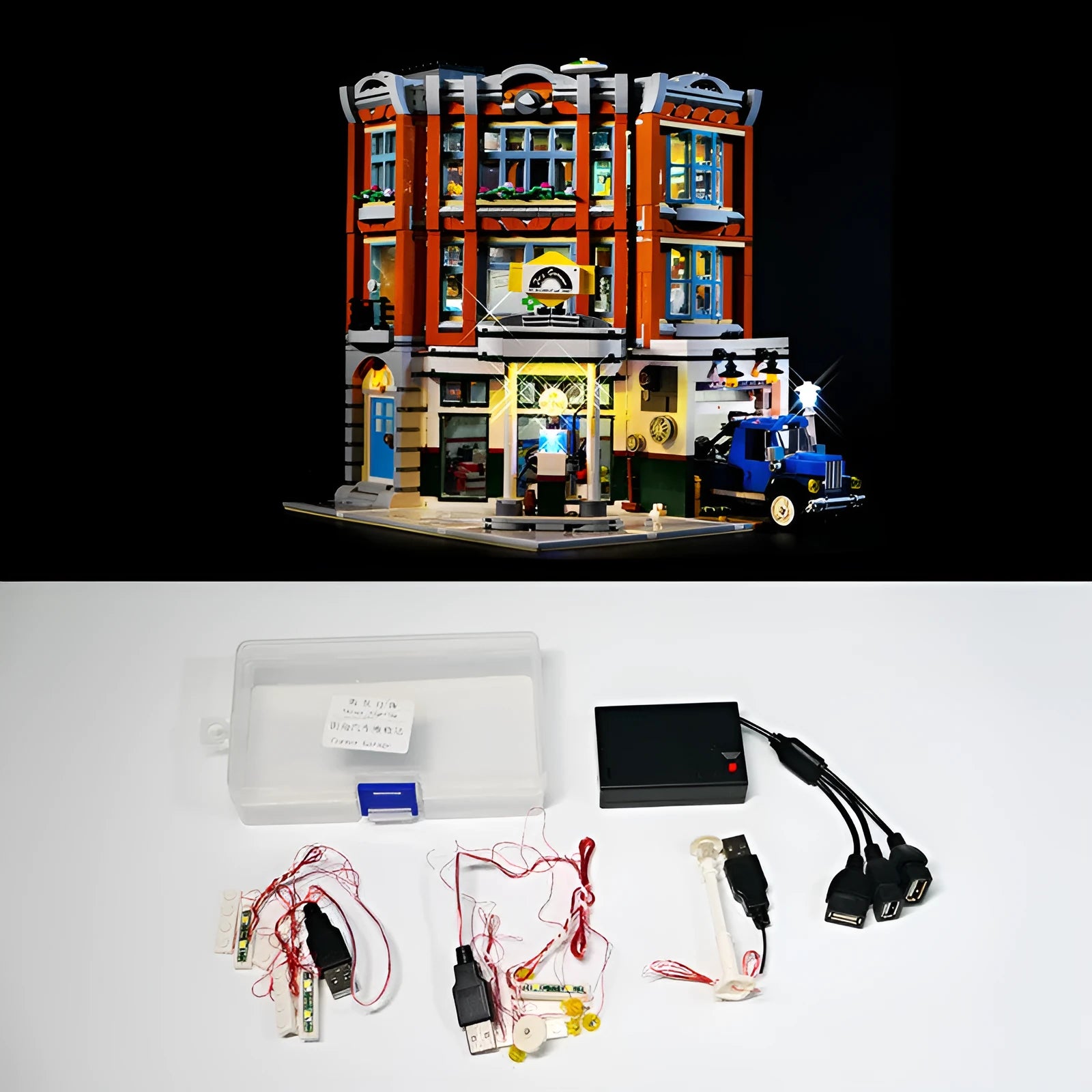 MOC modified LED lighting accessories with plastic housing for building block corner illumination