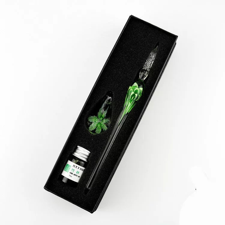 Crystal Flower Glass Dip Pen Set with floral patterns and borosilicate glass construction