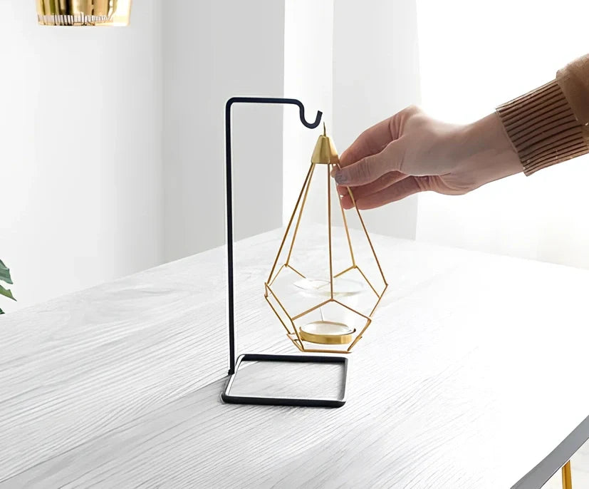 Geometric wrought iron candle holder with angular design, 25cm height and 15cm base diameter