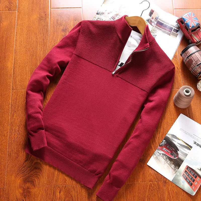 Men's autumn knitted jumper with round neck and long sleeves, shown in black, blue, and red colour options.