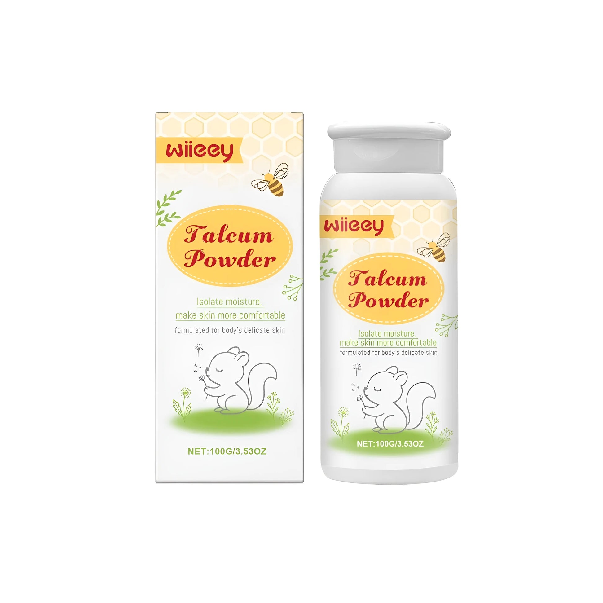 100g talcum powder container with glycerin and honeysuckle flower extract ingredients