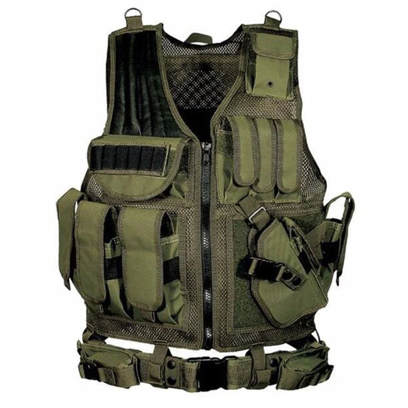 Durable tactical vest for military, airsoft, and outdoor activities with multiple pockets and adjustable straps