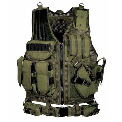 Durable tactical vest for military, airsoft, and outdoor activities with multiple pockets and adjustable straps