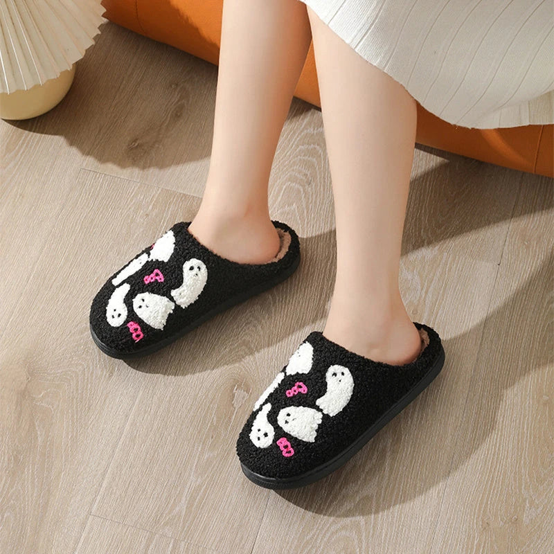 Cozy Halloween ghost-themed cotton slippers for women in pink and black colors