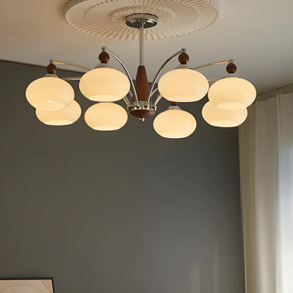 Persimmon glass chandelier with chrome frame in Middle Ancient style, shown with multiple glass shades.