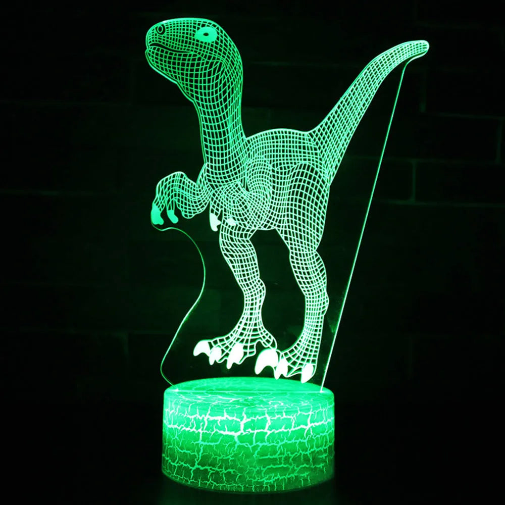 Colourful dinosaur 3D night light with LED effects on acrylic panel and ABS base