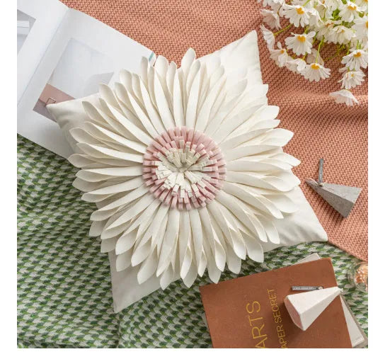 Blue velvet waist pillow with three-dimensional white chrysanthemum tufted design and fringed hem